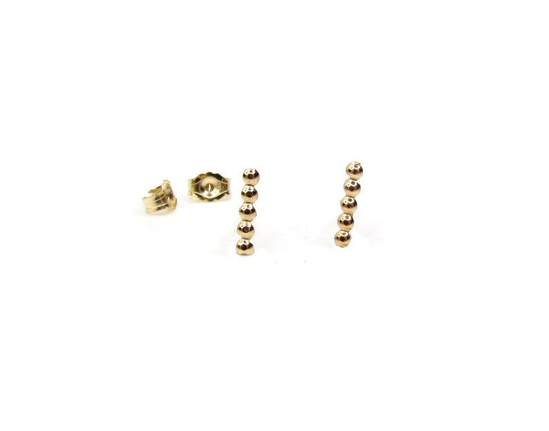 14K Tiny Beaded Bar Stud Earrings | Dainty Gold Minimalist Studs